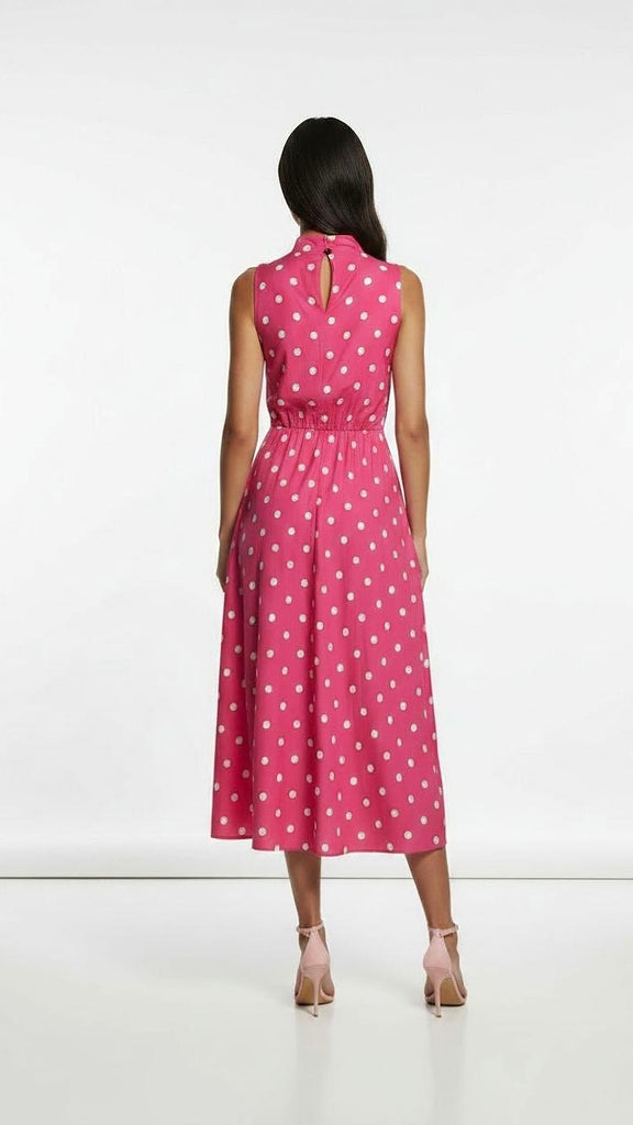 5-A3049 High Neck Polka Dot Midi Dress