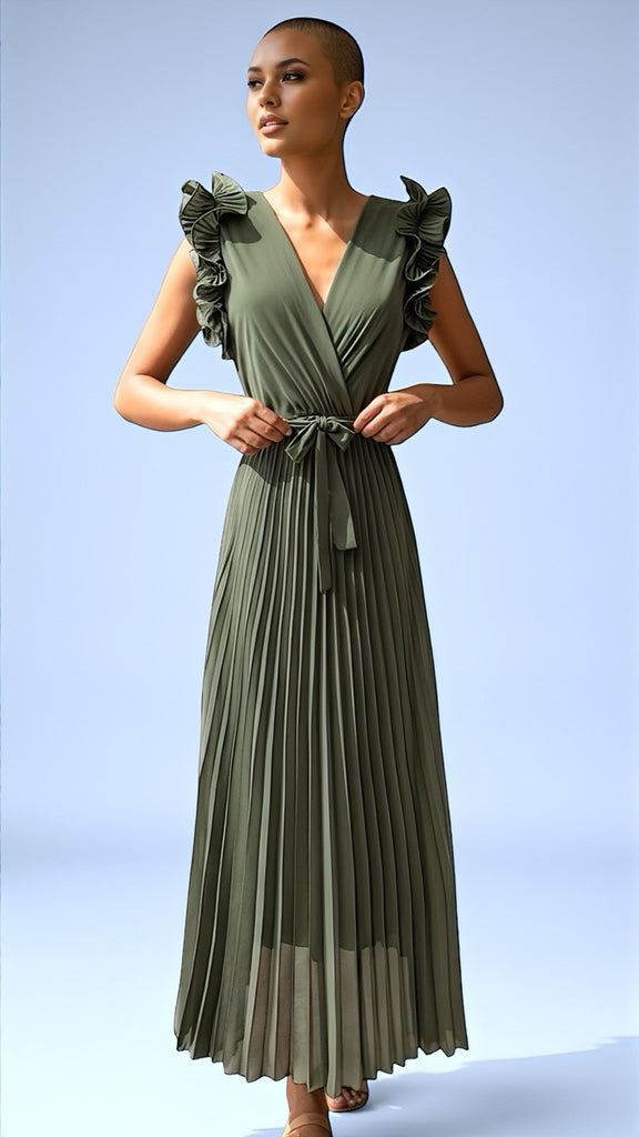 A2629 Khaki Ruffle Pleat Dress