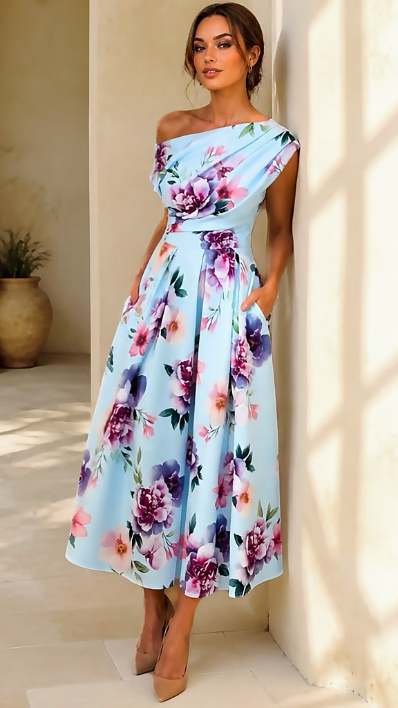 A3145 Maxime Blue Floral Asymmetric Dress