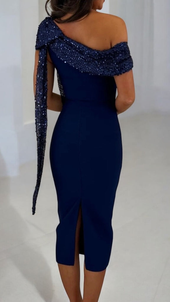 A2509 Navy Bandage Sequin Trim Dress