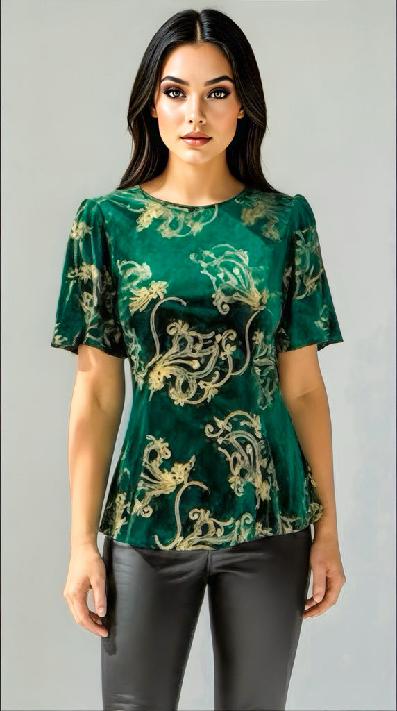 A2648 Green Velvet Embroidered Top