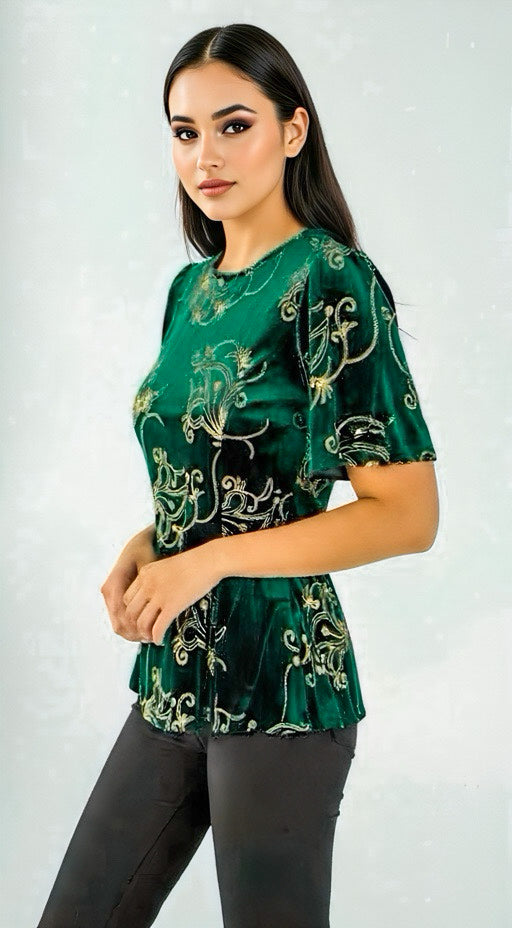 A2648 Green Velvet Embroidered Top