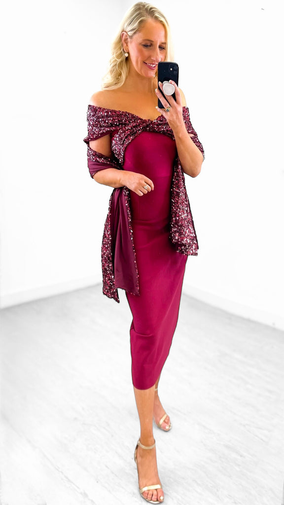 A2724CC Burgundy Bandage Sequin Crossover Dress