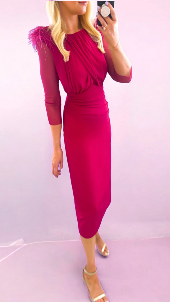 A2418 Severina Raspberry Feather Trim Dress