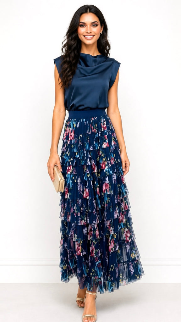 A3237 Navy Multi Tulle Ruffle Maxi Skirt