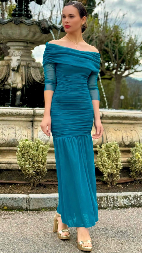 4-A2251 Shonda Teal Ruched Bardot Dress