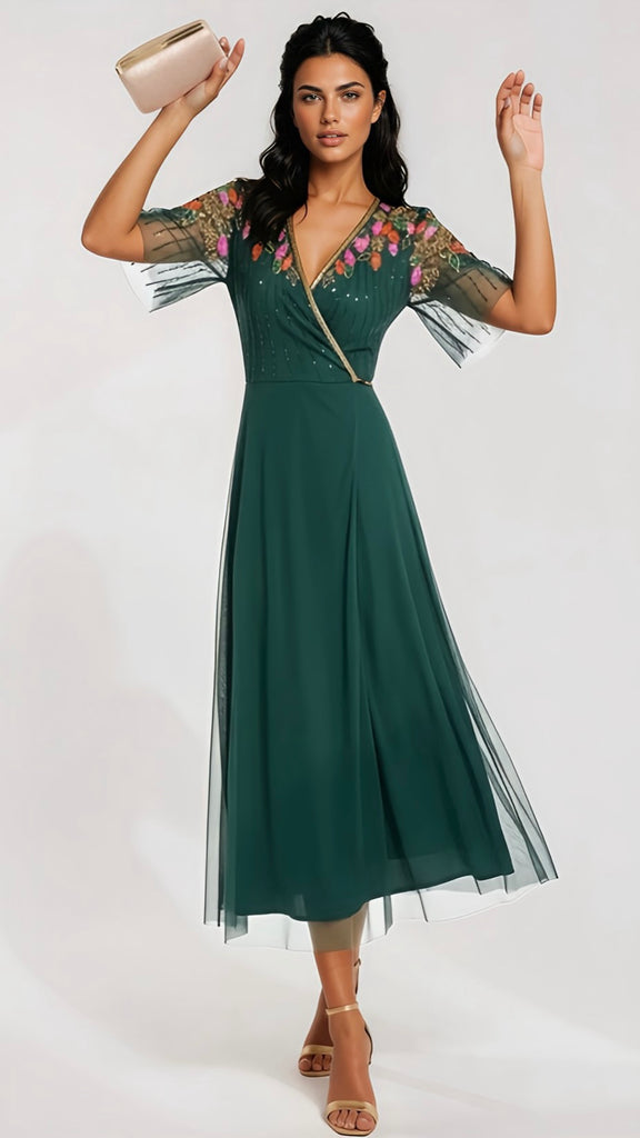 A2983 Green Embellished Wrap Dress