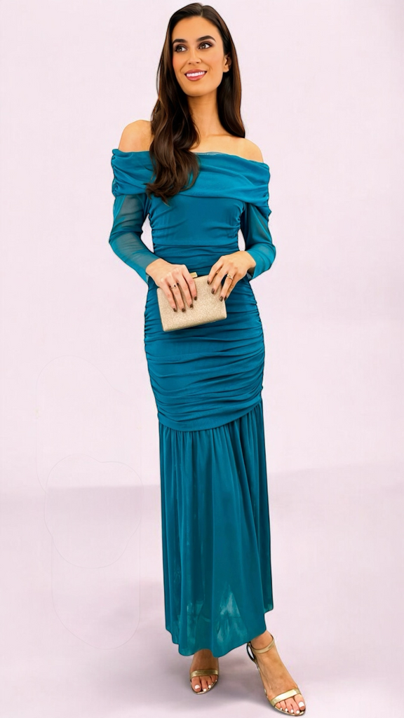 4-A2251 Shonda Teal Ruched Bardot Dress