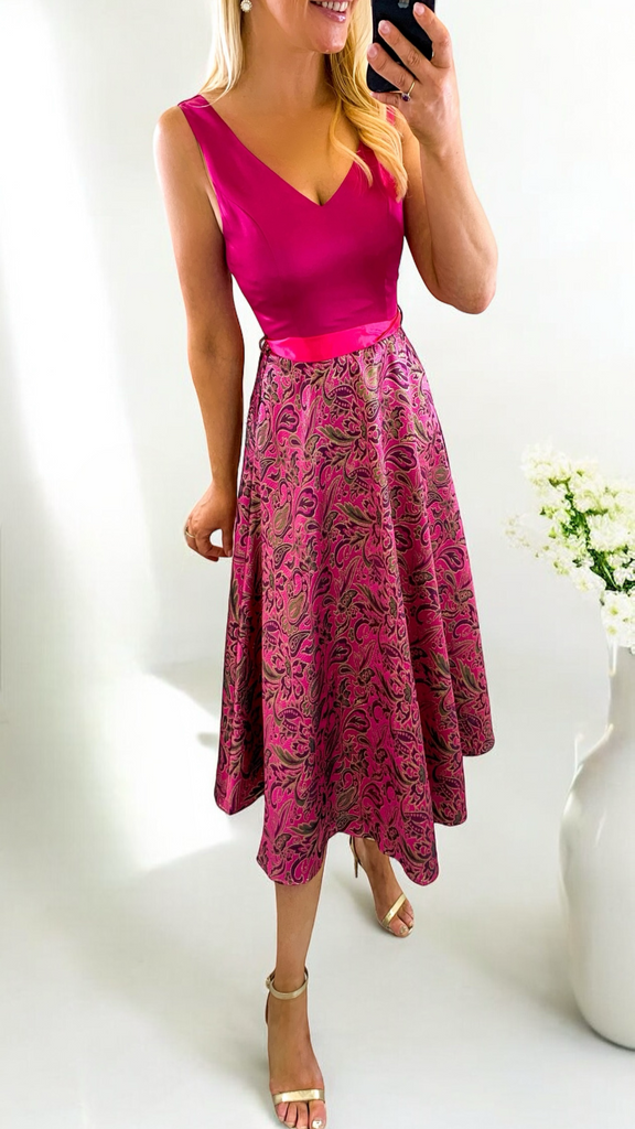 4-A1848 Pink Jacquard Fit & Flare Dress