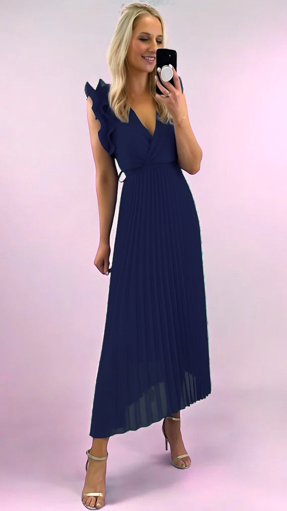 A2327 Navy Ruffle Pleat Dress
