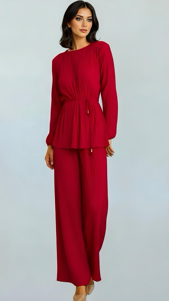 A2701 Wine Red Pleated Trouser Set