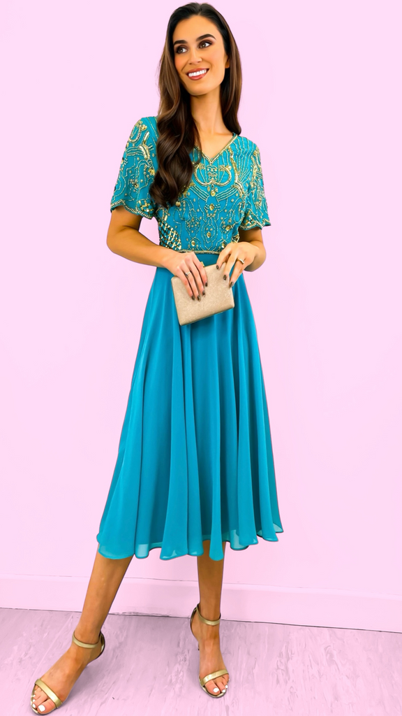 4-A2226 Turquoise Embellished Flare Dress