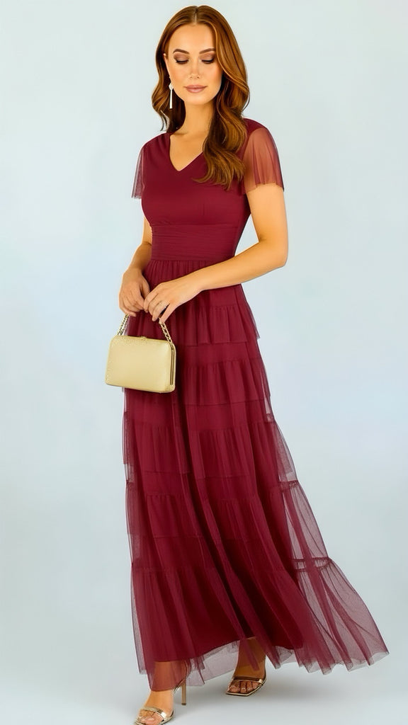 A2686 Burgundy Malva Flounce Maxi Dress