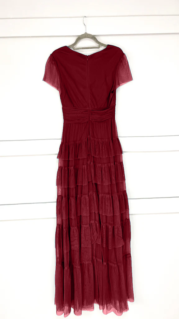 A2686 Burgundy Malva Flounce Maxi Dress