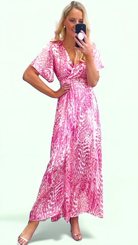 A1485 Britney Pink Floral Angel Sleeve Midi Dress
