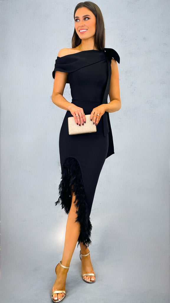 4-A2059 Black One Shoulder Feather Dress