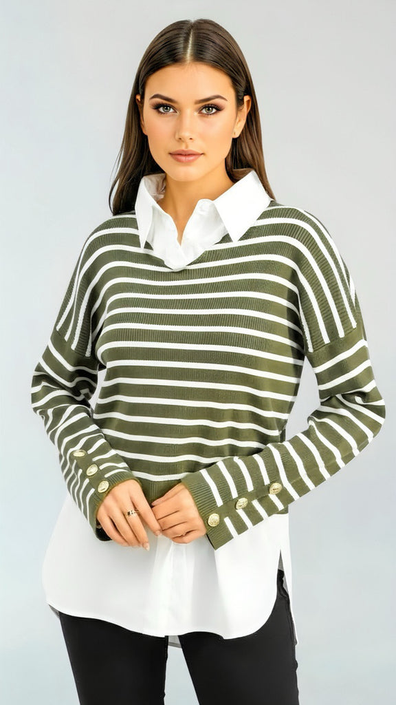 A2661 Khaki 2in1 Stripe Top