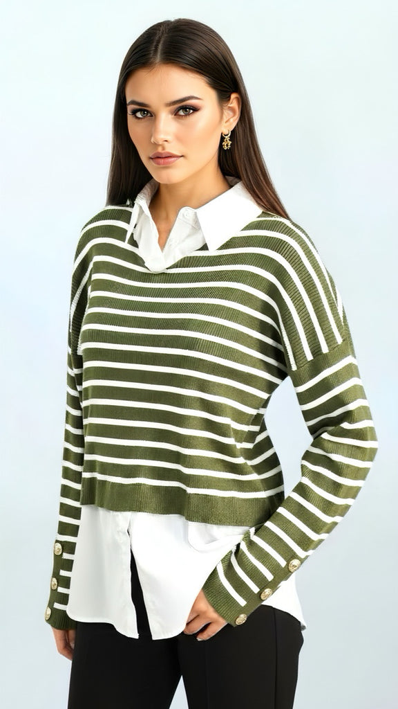 A2661 Khaki 2in1 Stripe Top