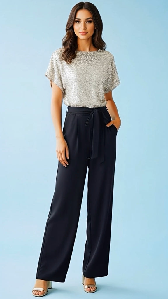 A2751 Olivia Beige Top Sequin Jumpsuit