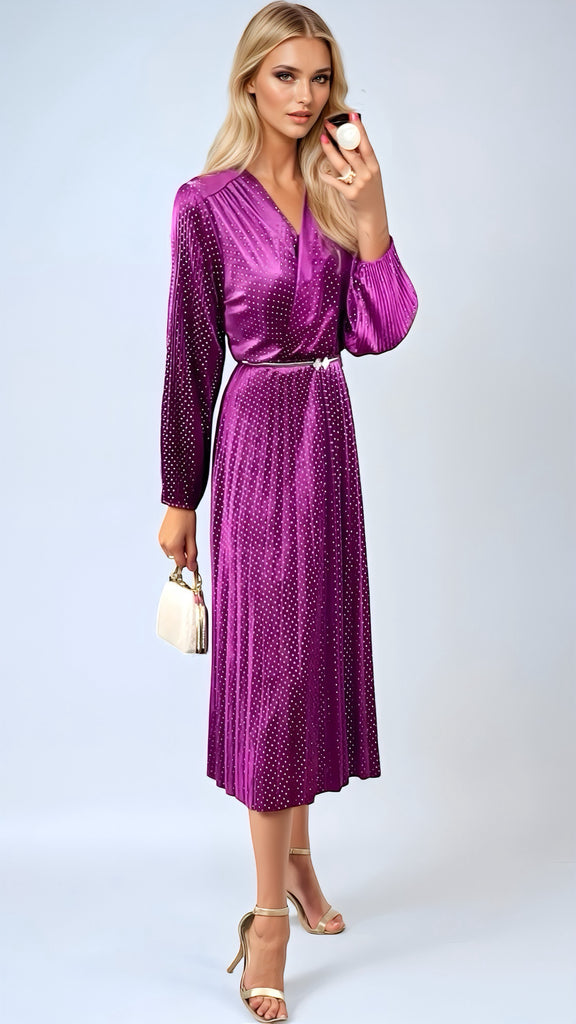 A2591 Plum Sparkle Velvet Pleat Dress