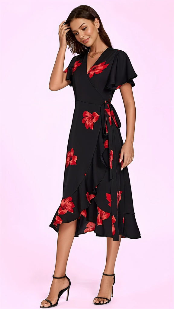 5-A2565 Eldora Black Floral Wrap Dress