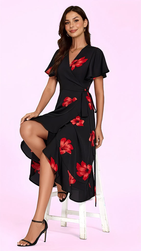 5-A2565 Eldora Black Floral Wrap Dress