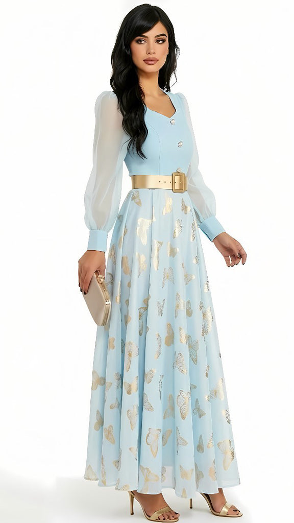 A2917B Thea Blue Butterfly Flare Dress