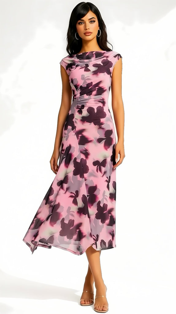 A2951 Pink Floral Asymmetrical Dress