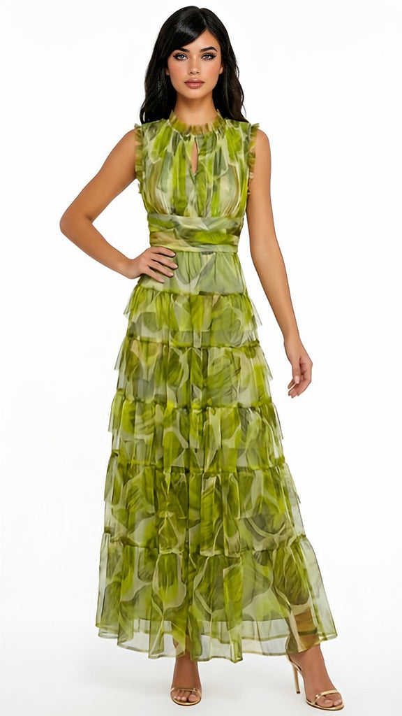 A2930 Lime Print Malva Flounce Maxi Dress