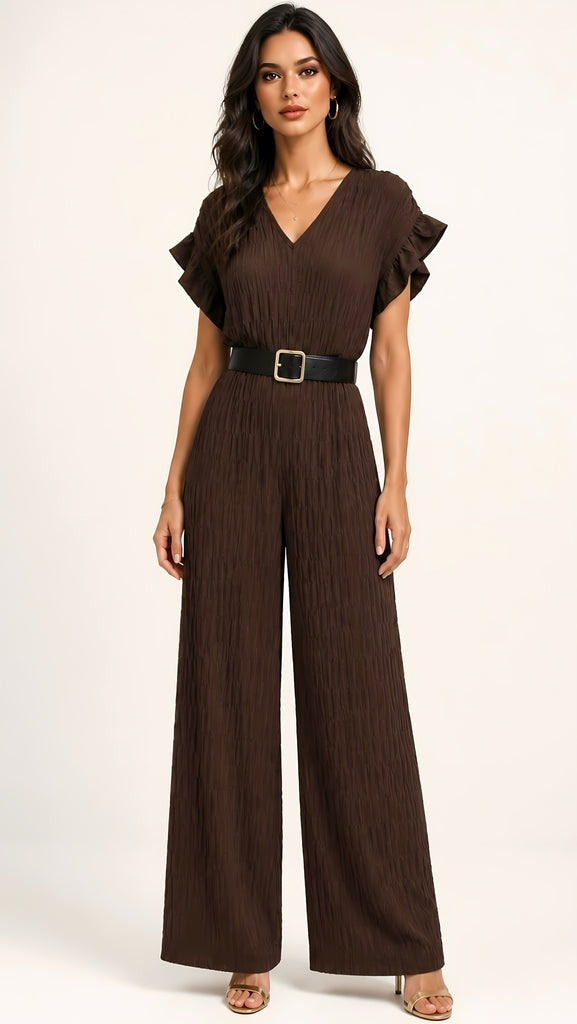 A3212B Brown Oversized Embossed Jumpsuit