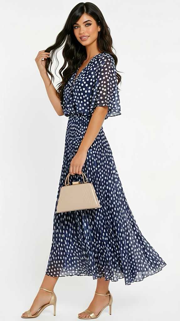 A2962 Navy Dotty Cape Pleat Dress