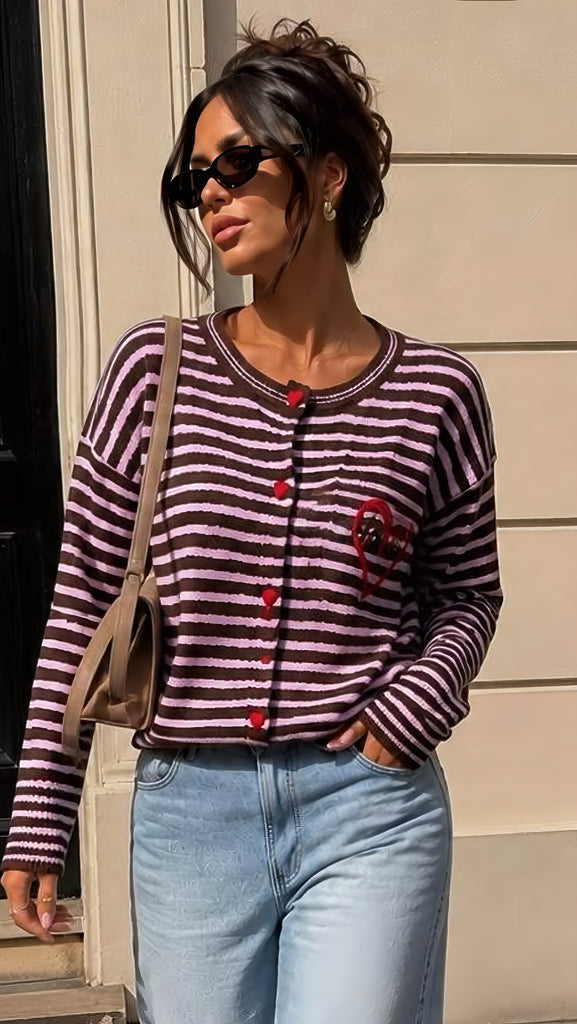 A3191 Penny Brown/Pink Stripe Motif Cardi