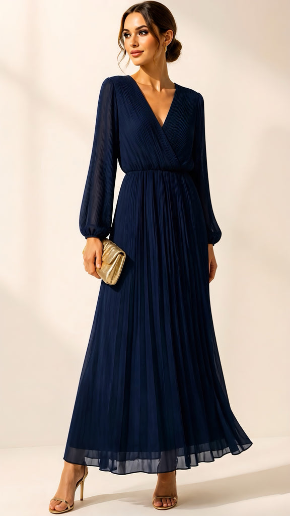 A3176 Navy Ciana Pleated Midi Dress