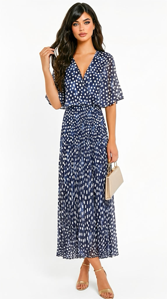 A2962 Navy Dotty Cape Pleat Dress