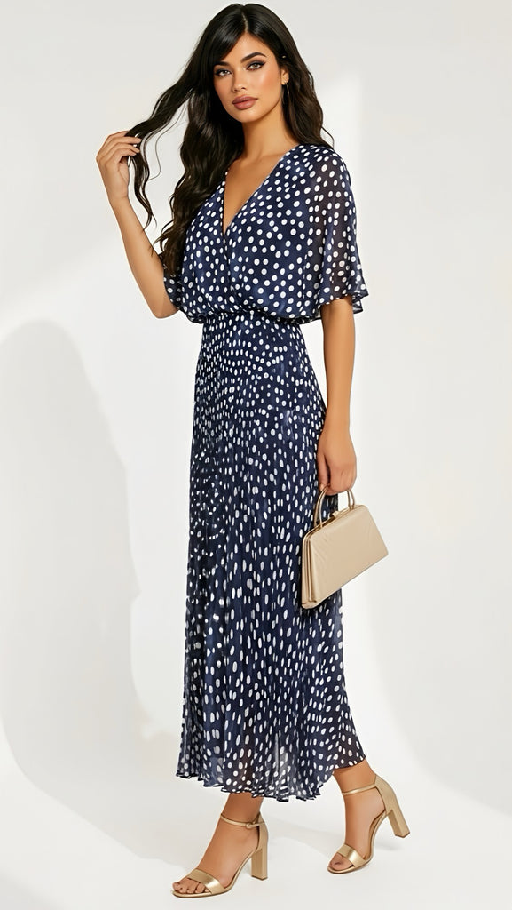 A2962 Navy Dotty Cape Pleat Dress