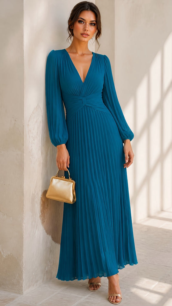 A3161 Valentina Teal Corset Pleat Dress