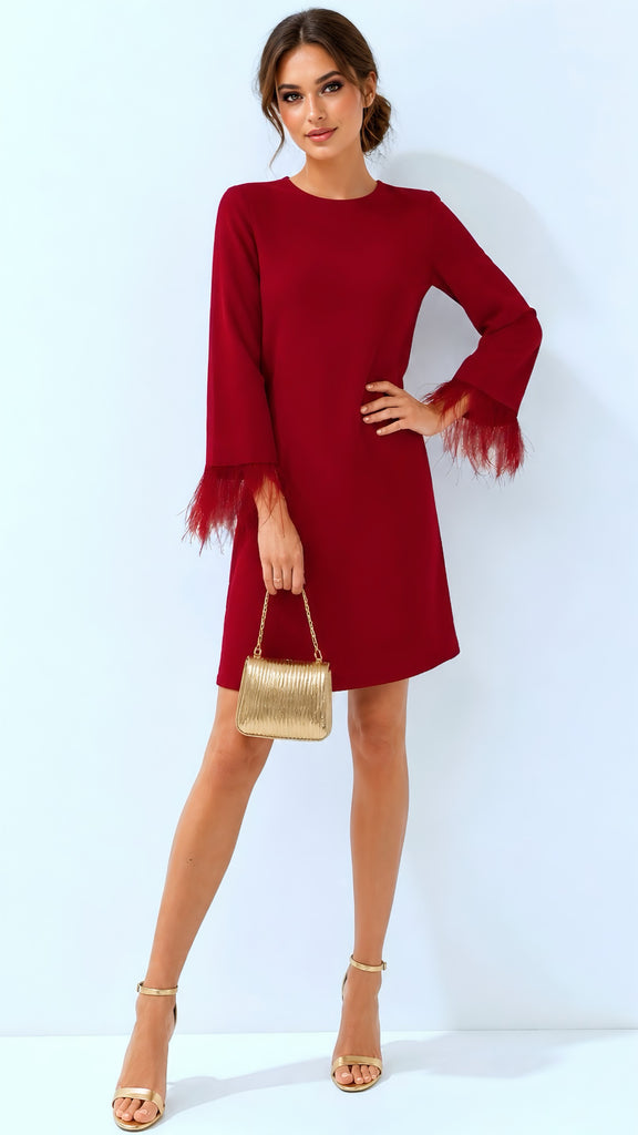 A3195 Dakota Red Shift Feather Dress