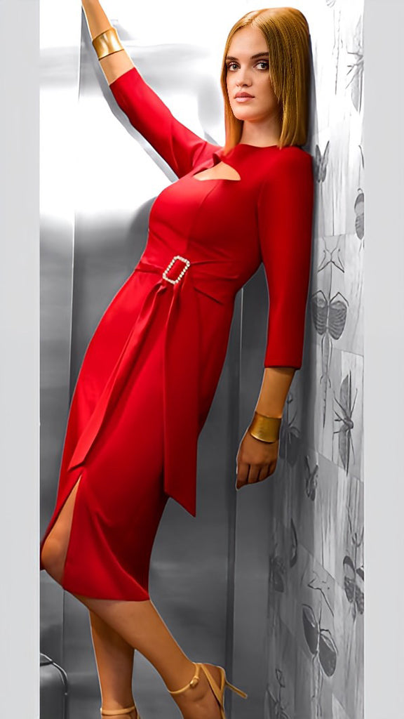 4-A1857 Leary Red Keyhole Neckline Dress