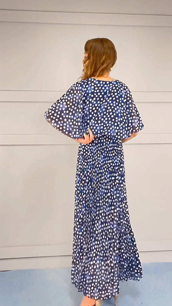 A2962 Navy Dotty Cape Pleat Dress