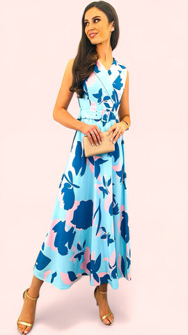 A1515 Cheryl Satin Blue Floral Dress