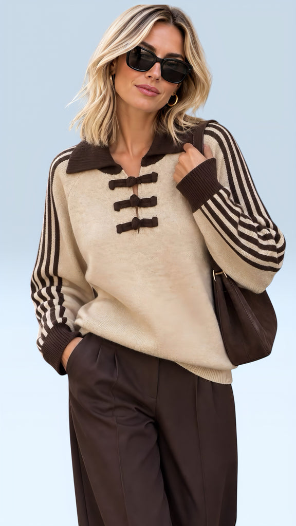 A3263 Genova Taupe Contrast Knit Top