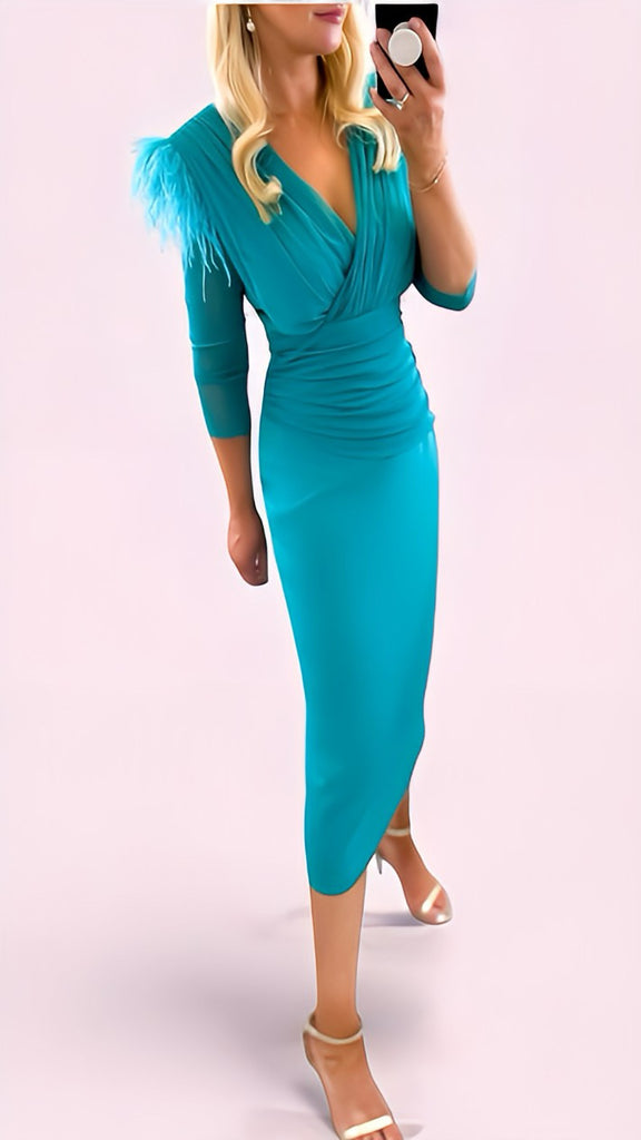 A2441 Palma Teal Feather Trim Dress