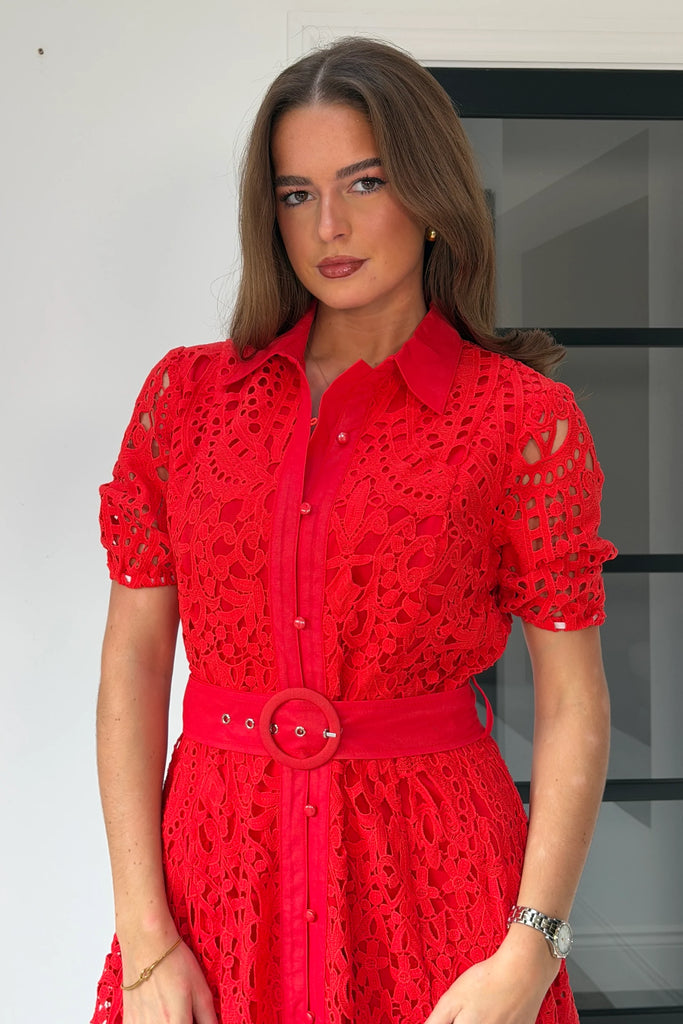 A3040B Red Crochet Meadow Shirt Dress