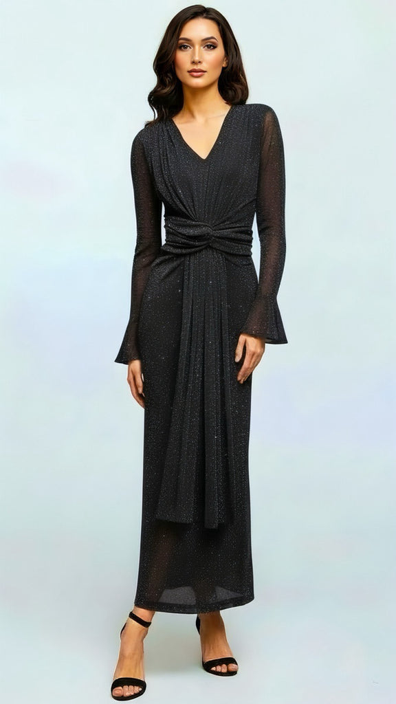 A2724 Black Shimmer Drape Waist Dress