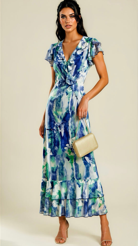 A3148 Blue Abstract Ruffle Dress