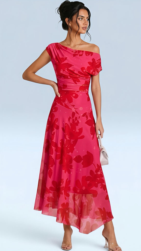 A3113 Red Print Asymmetrical Dress