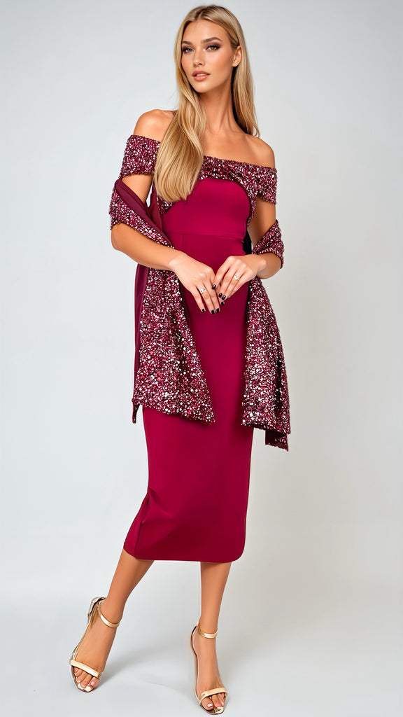 A2724CC Burgundy Bandage Sequin Crossover Dress