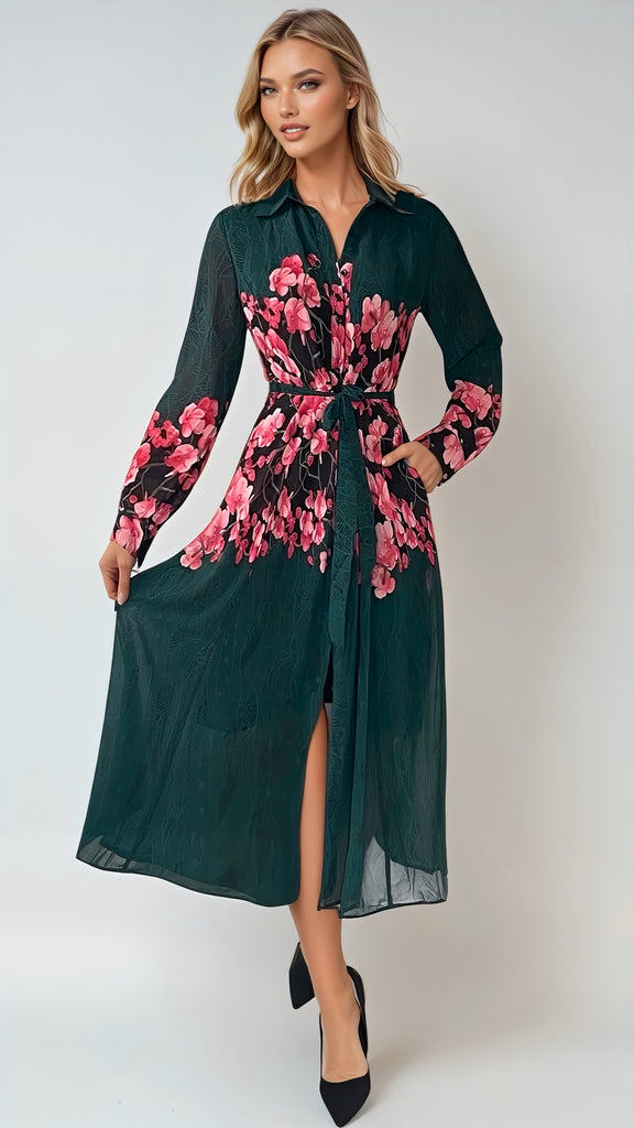 A2559 Everly Green Floral Shirt Dress