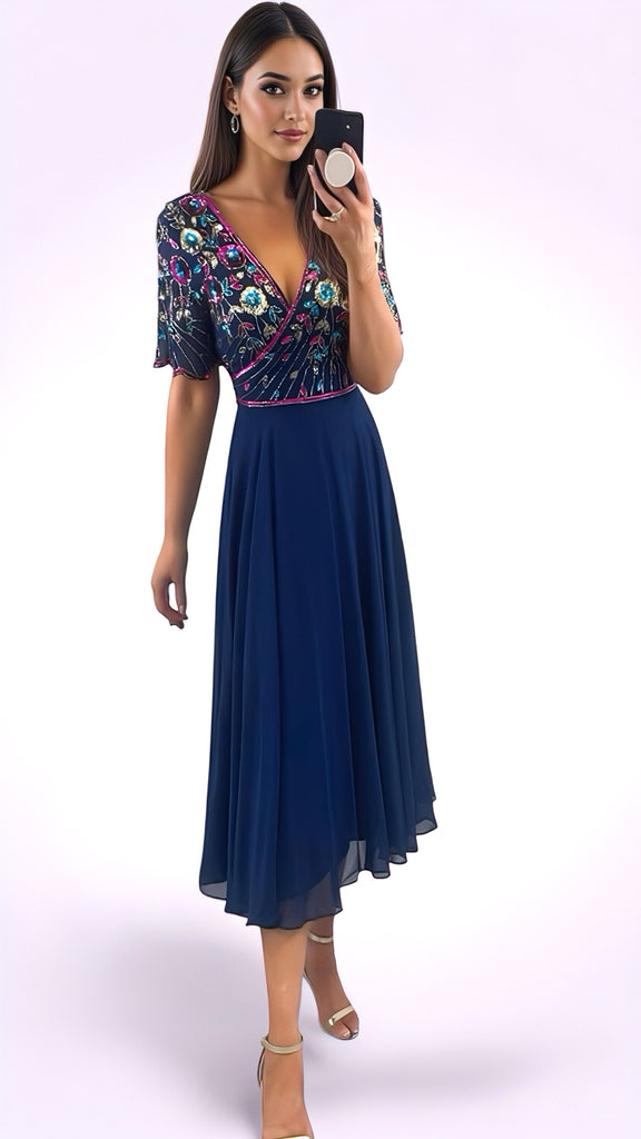 2-A2878 Charlene Navy Embellished Dress