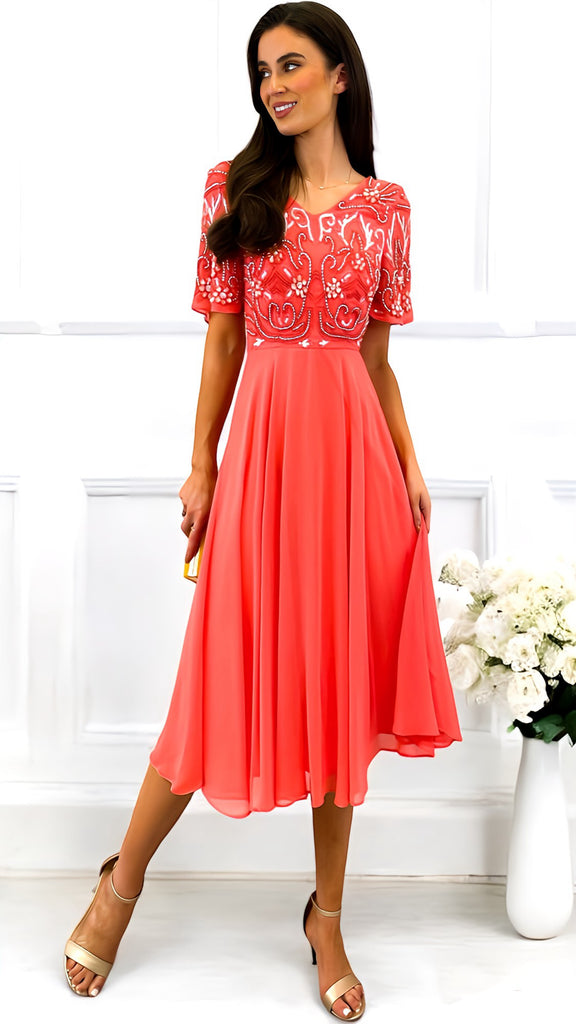 4-A2135 Coral Embellished Flare Dress